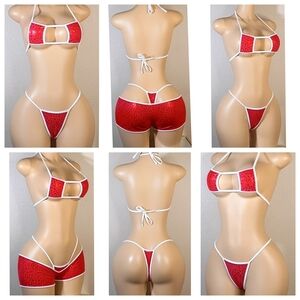 Red and White Custom Exotic Bikini Short Set